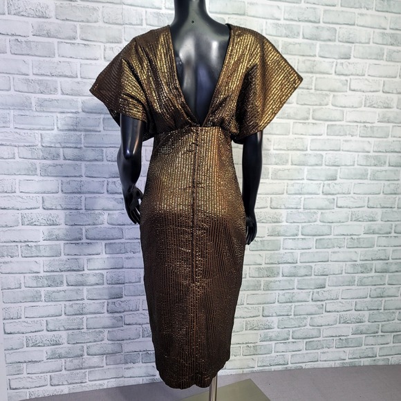 Vintage 70s Julia Womens M Brown Gold Taffeta Ribbed Dolman Sleeeve Disco Dress - Picture 9 of 14